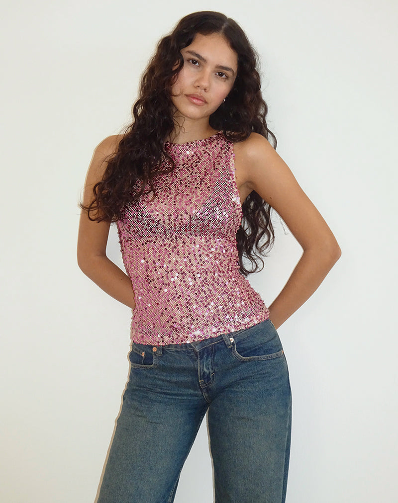 Afbeelding van Dudley Vest Top in Pailletten Mesh Rose Goud