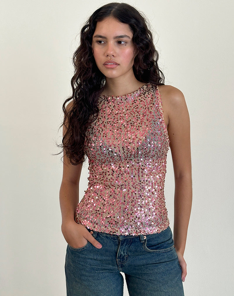 Afbeelding van Dudley Vest Top in Pailletten Mesh Rose Goud