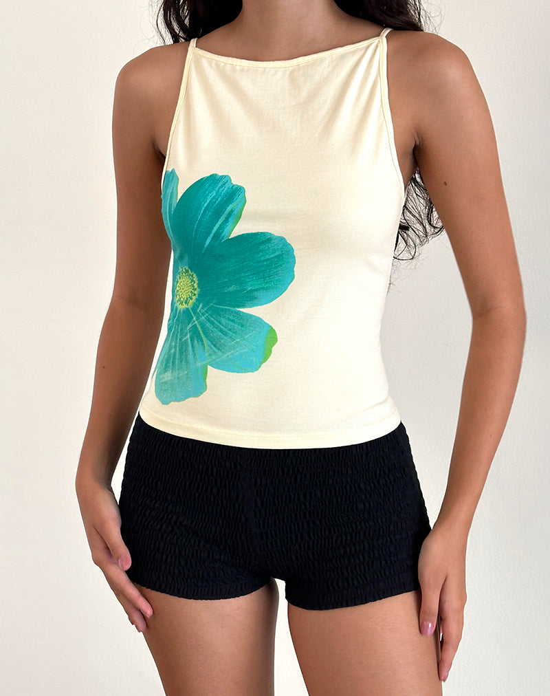 Dudley Vest Top in Buttermilk met Blauw Geschilderde Bloem