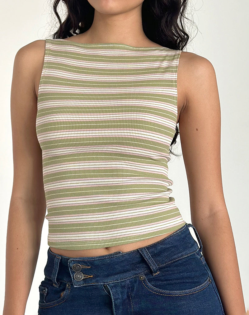 Dudley Vest Top in groen, roze en witte streep