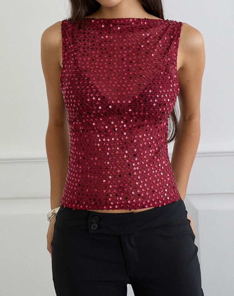 Dudley Vest Top in Gebreid met Pailletten Bourgondië