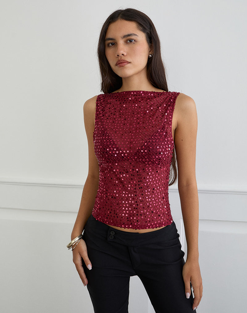 Dudley Vest Top in Gebreid met Pailletten Bourgondië