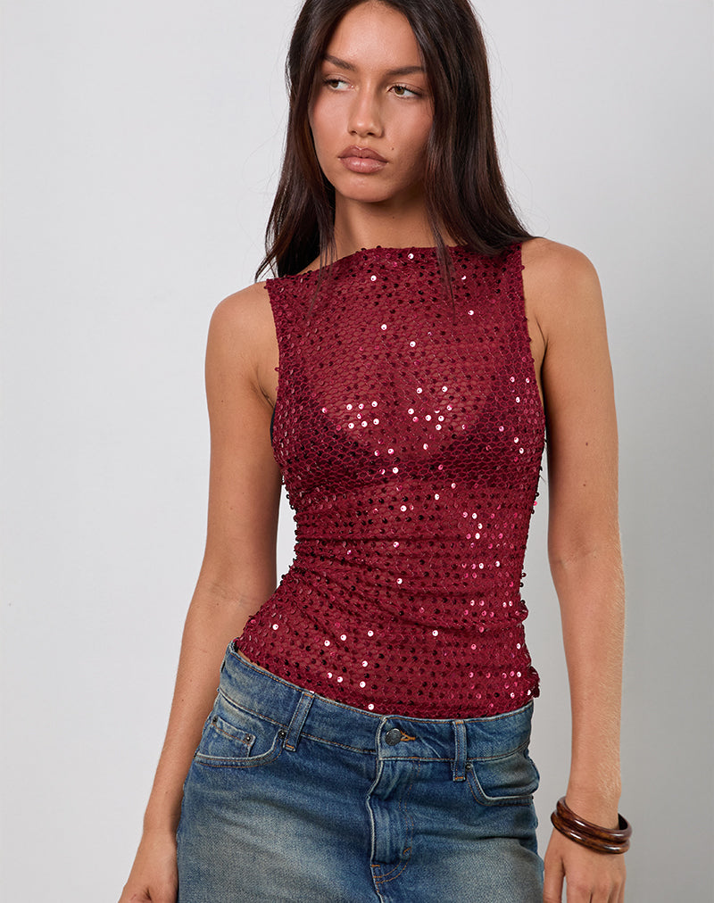 Dudley Vest Top in Gebreid met Pailletten Bourgondië