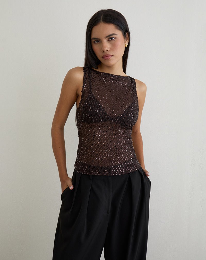Dudley Vest Top in Sequin Gebreid Koffie
