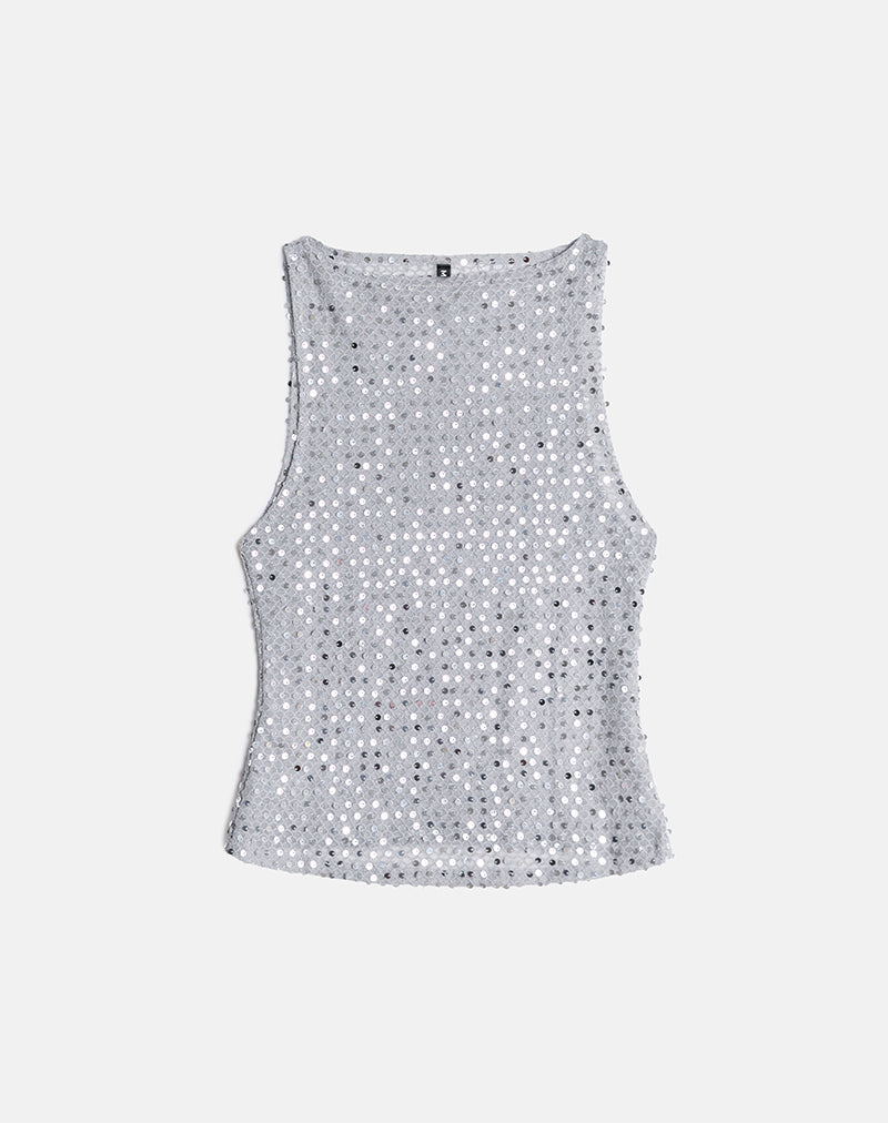 Dudley Vest Top in Sequin Gebreid Donker Zilver