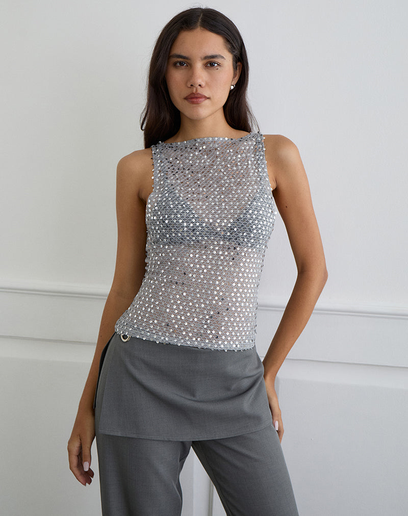 Dudley Vest Top in Sequin Gebreid Donker Zilver