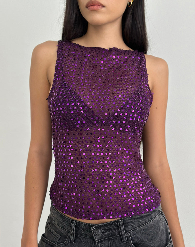 Dudley Vest Top in Sequin Gebreid Pruim Wijn