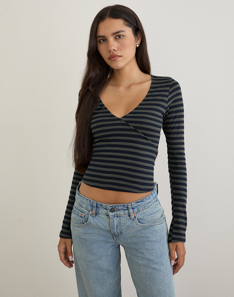 Dulcet Ribbed Plunge Top in Klassiek Gestreept Navy en Grijs
