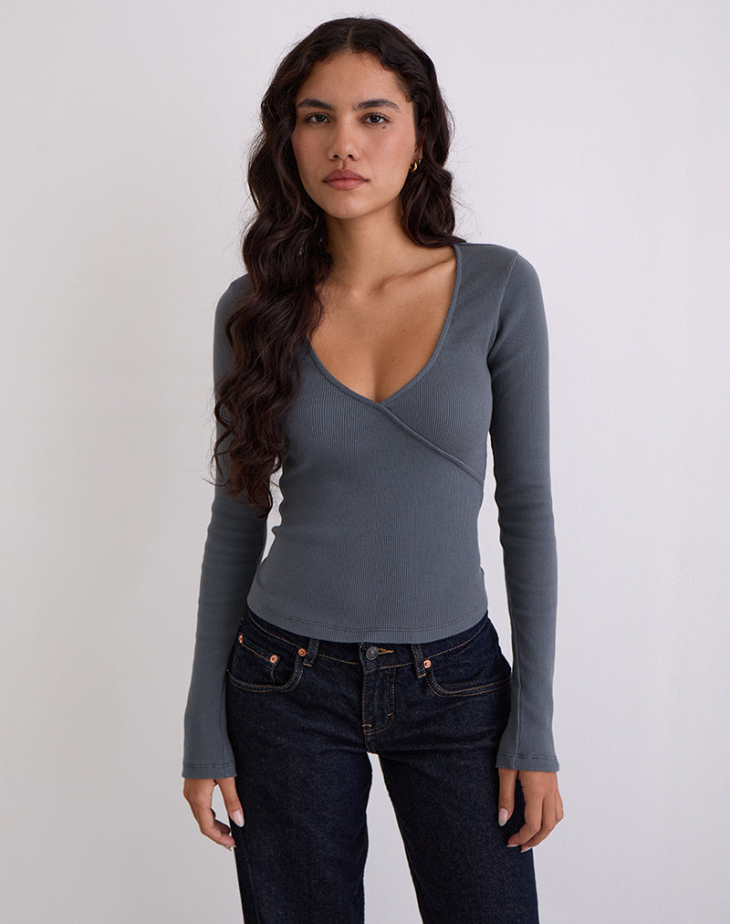Afbeelding van Dulcet Geribbelde Plunge Top met Lange Mouwen in Blauw Graniet