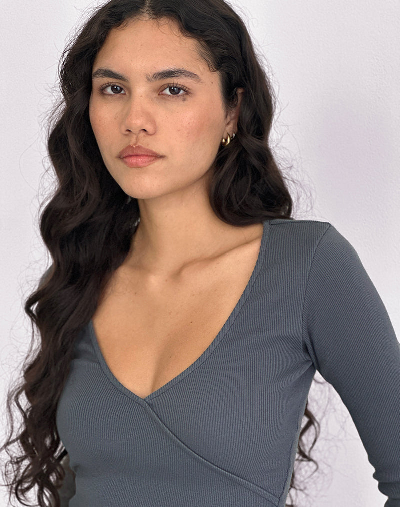 Afbeelding van Dulcet Geribbelde Plunge Top met Lange Mouwen in Blauw Graniet