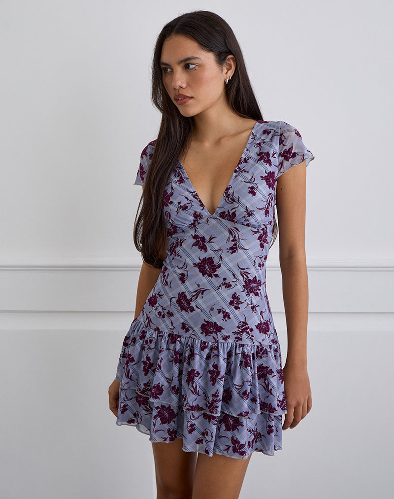Elaya jurk in lotus geruit lavendel