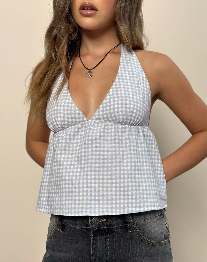 Eldana haltertop in Mini Gingham blauw en grijs