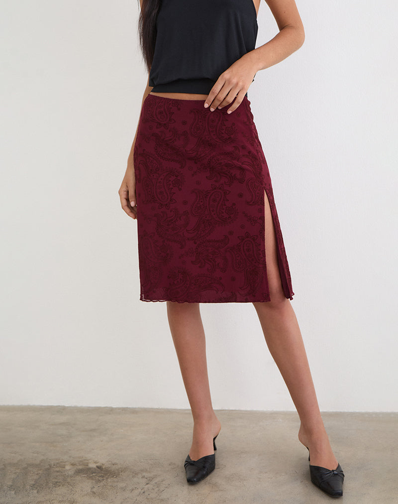 Elif Midi-rok in Flock Compact Paisley Wine
