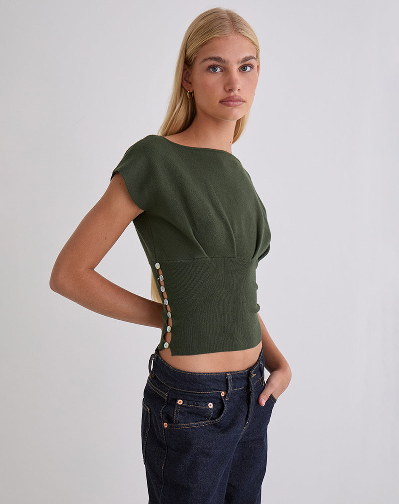Image of Elin Top in Knit Khaki with Pearl Buttons