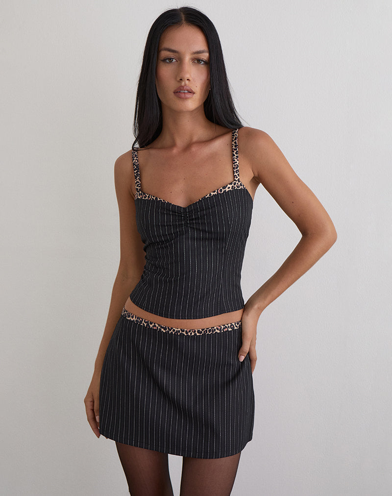 Image of Elsa Top in Pinstripe Black with Leopard Binding