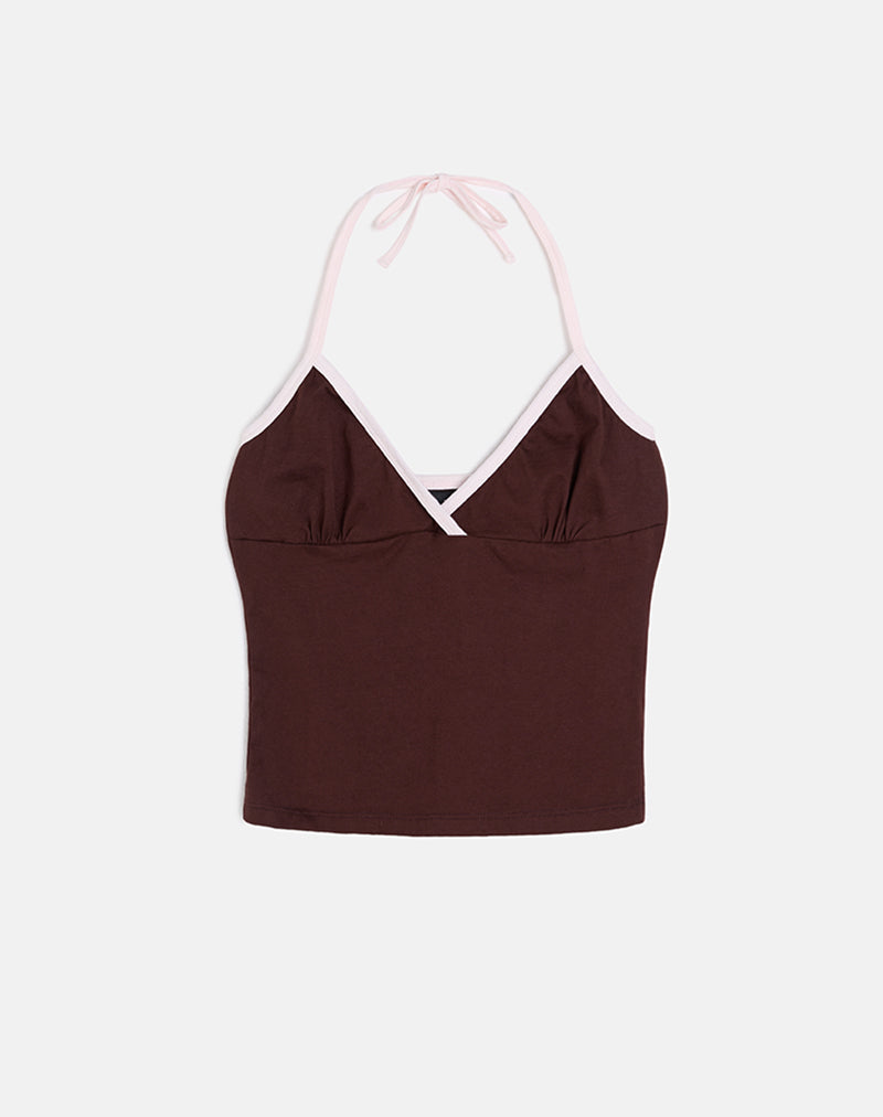 Elspe Halter Top in Bitter Chocolate met lichtroze bies