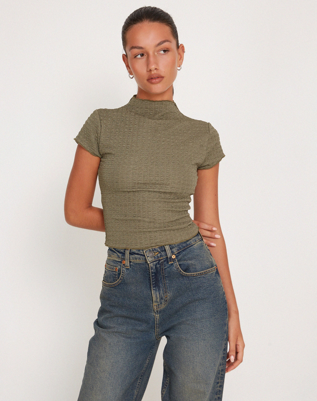 Elton Top met hoge hals in Khaki