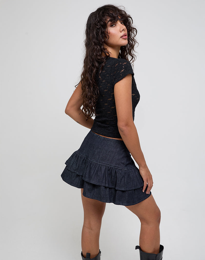 Afbeelding van Elysa Frill Mini Rok in Donker Indigo Denim