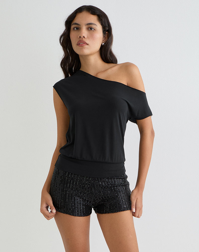 Elysian Asymmetrische Top in Cupro Zwart