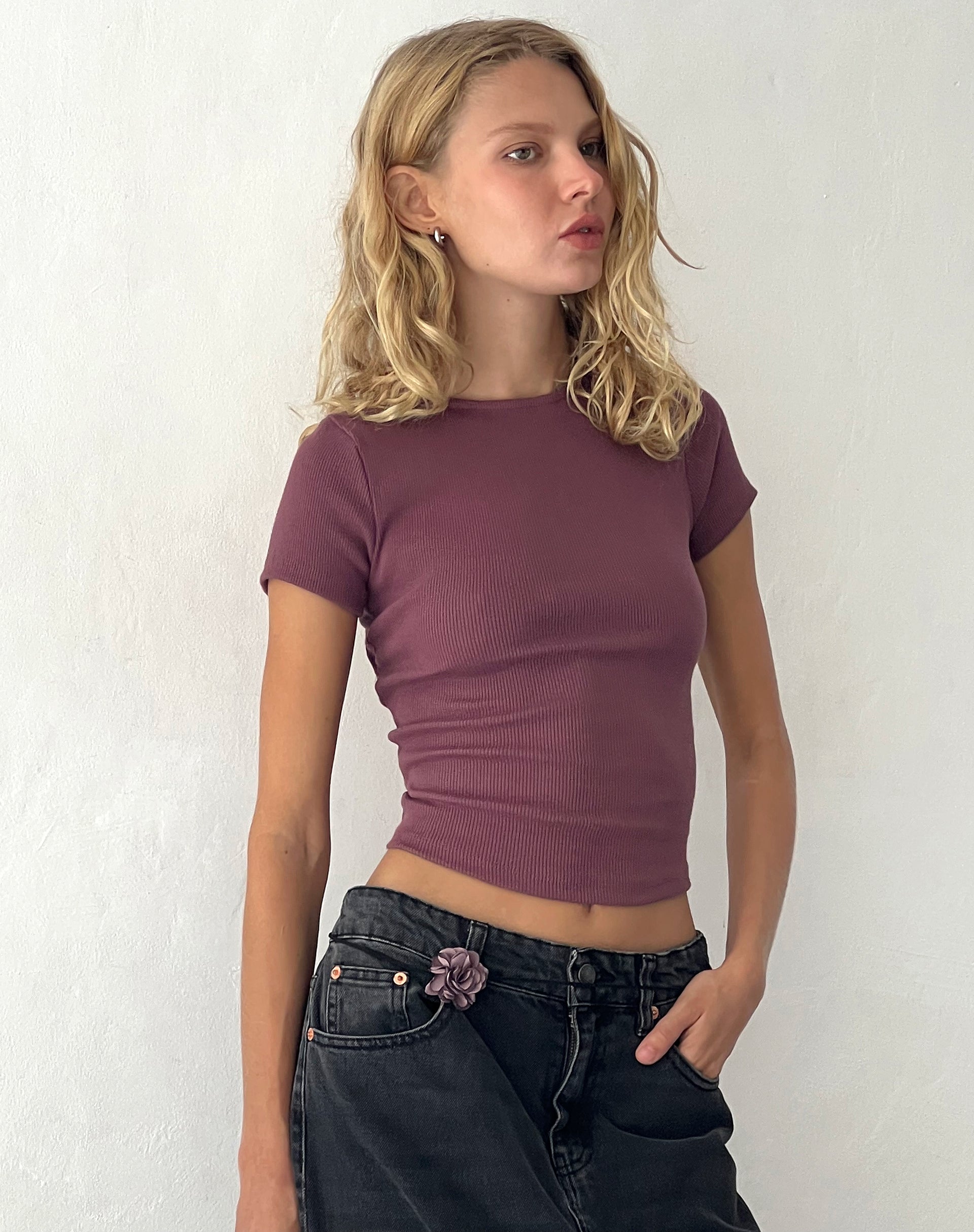 Afbeelding van Elyto Geribd T-shirt met open rug in Mauve