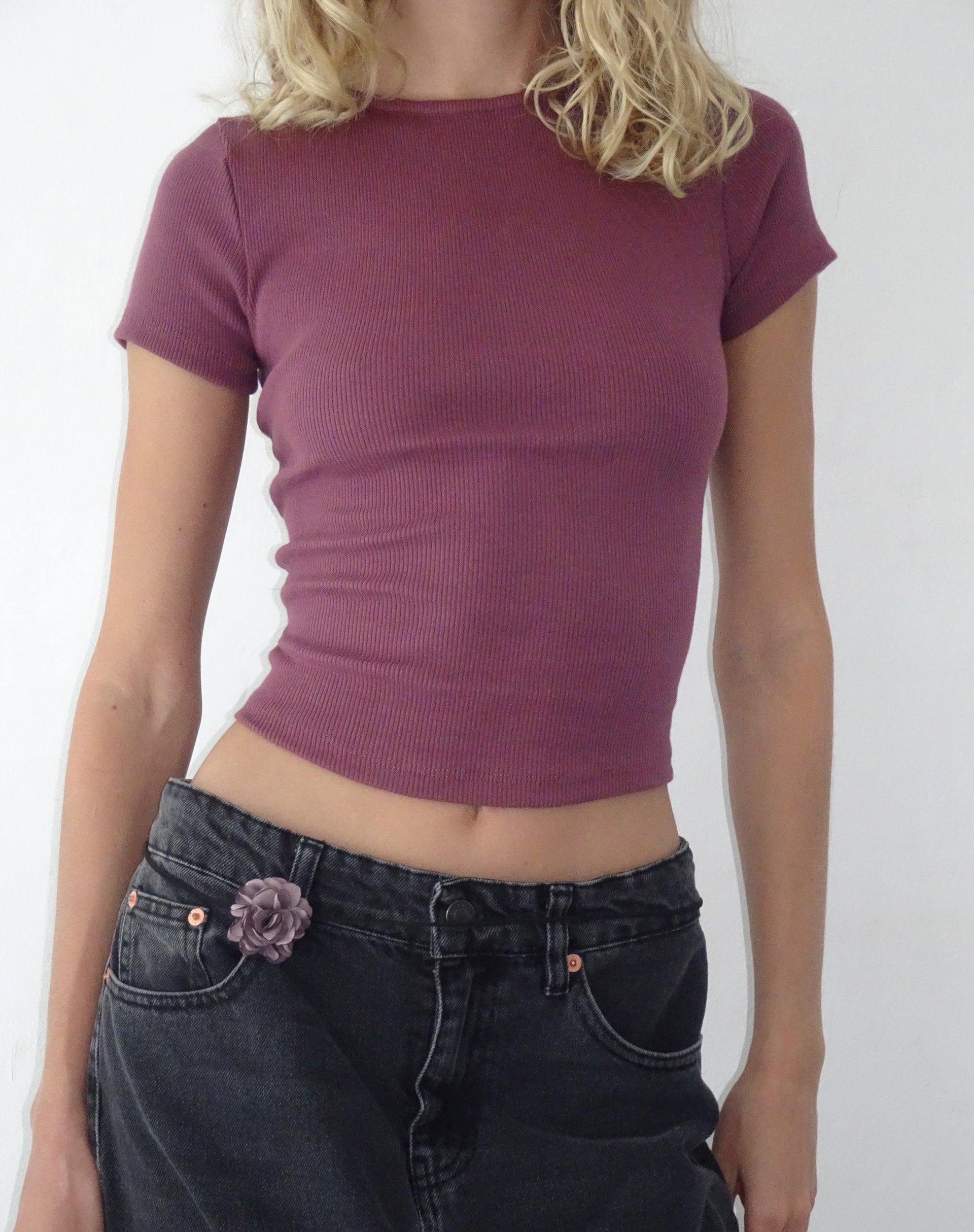 Afbeelding van Elyto Geribd T-shirt met open rug in Mauve