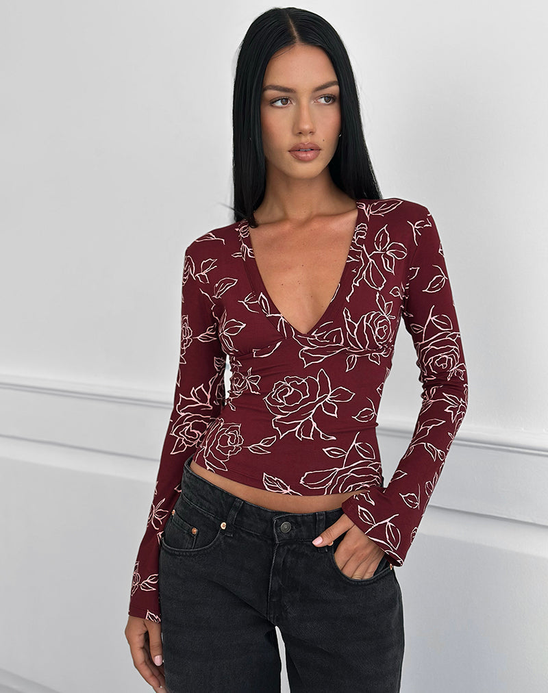 Emesy top met lange mouwen in Outline Rose Marooon