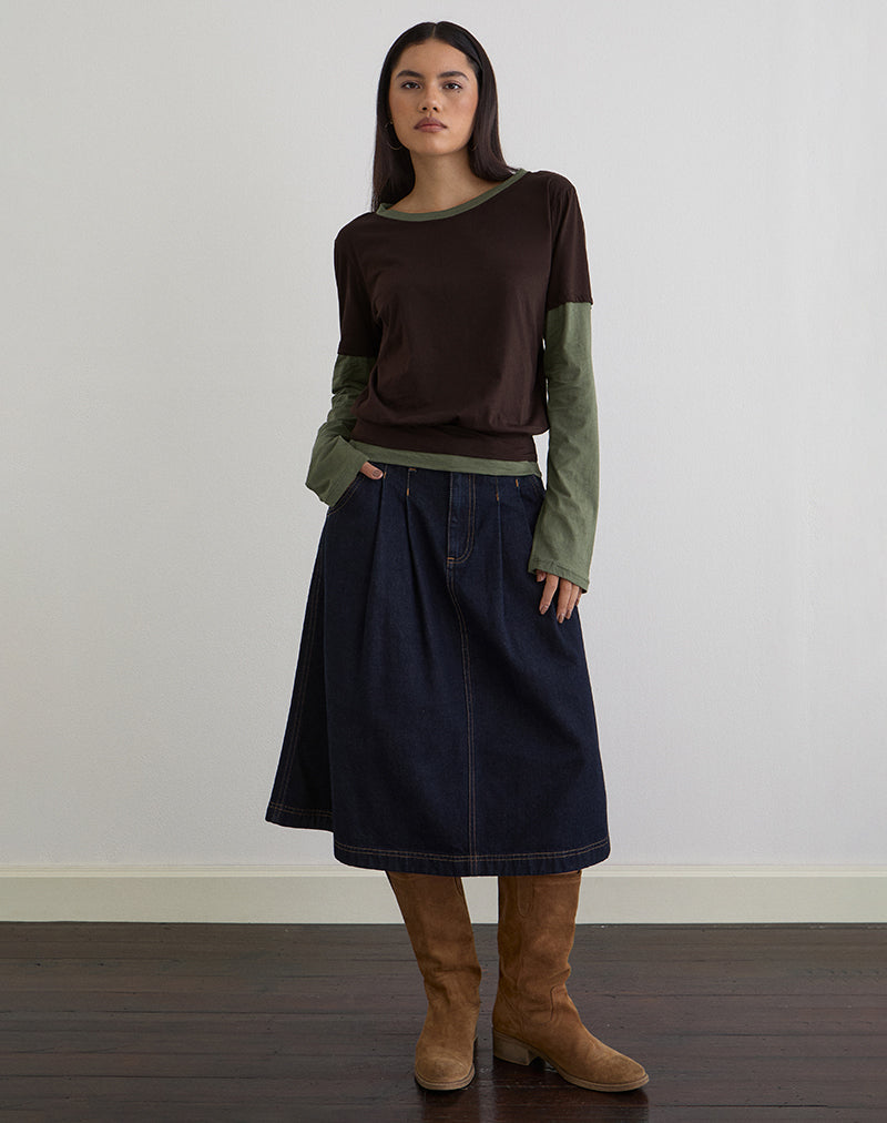 Afbeelding van Enidy-top met lange mouwen in jersey, chocoladebruin en kaki