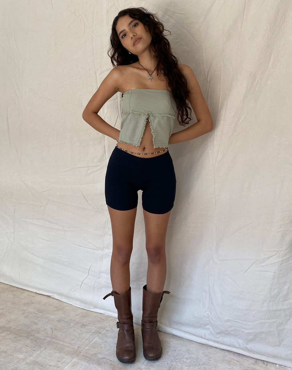Enzie Vlinder Bandeau Top in leigroen linnen