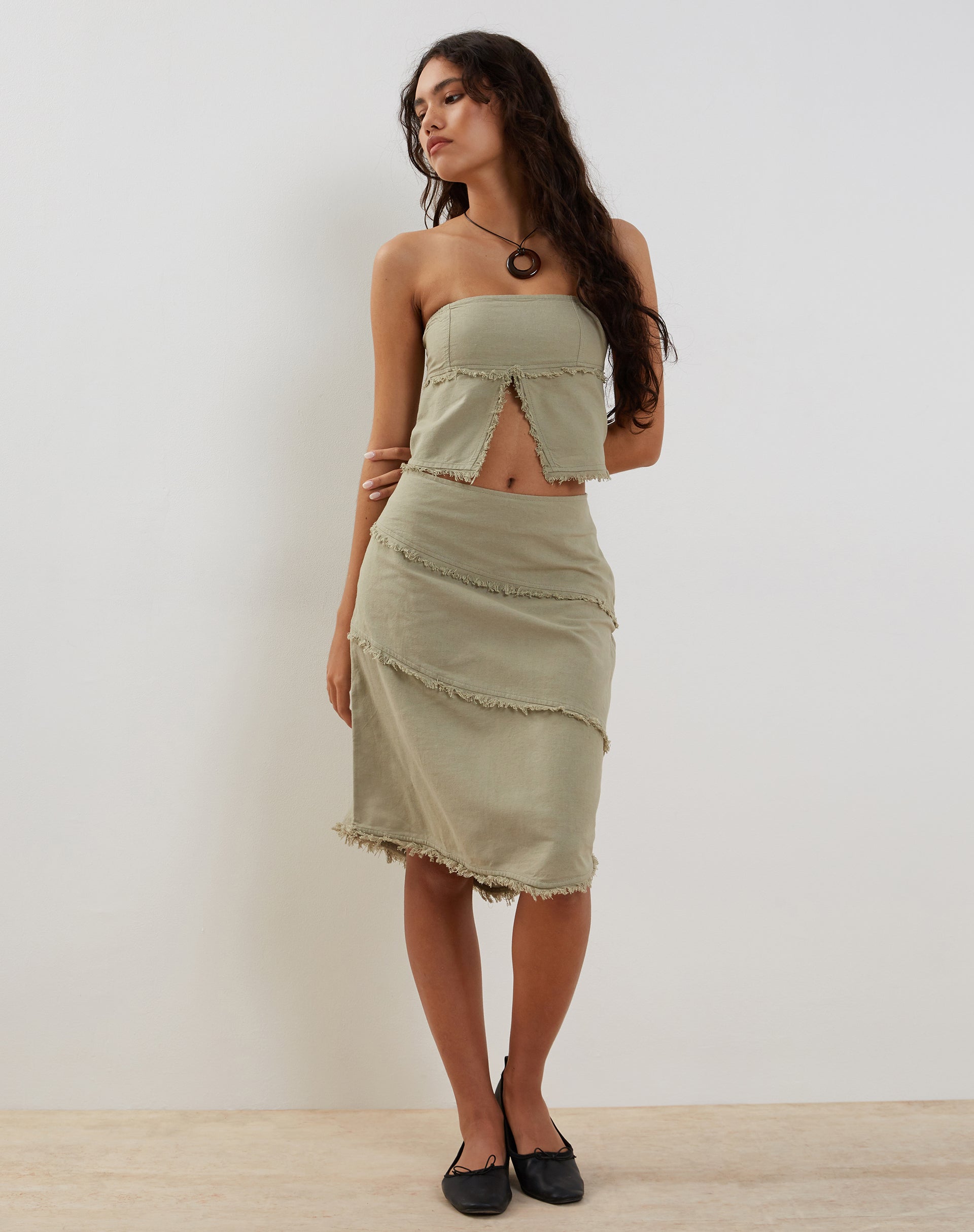 Afbeelding van Ralna Asymmetrische Midi Rok in Linnen Leisteen Groen