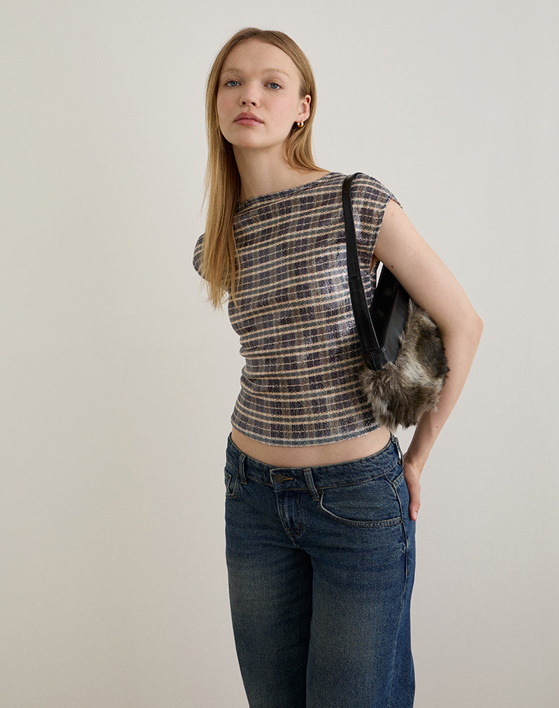 Erica Top in Pailletten Vintage Ruit Bruin