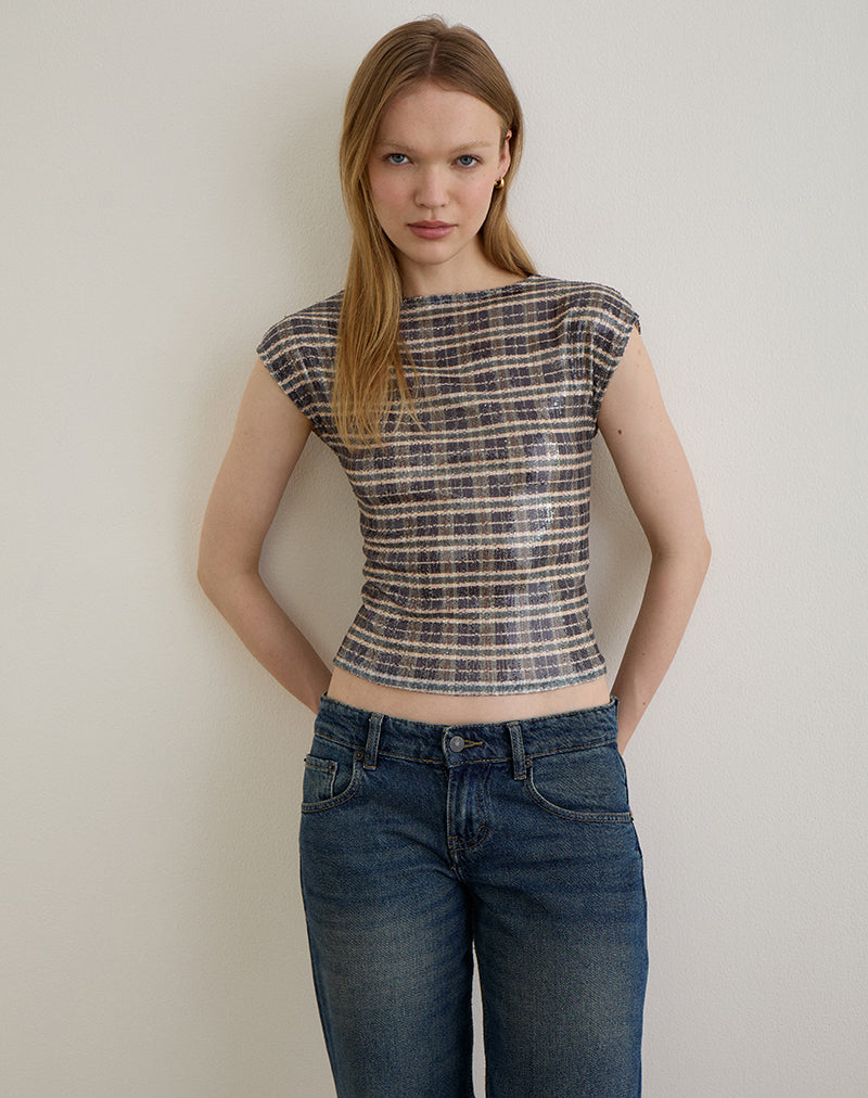 Afbeelding van Erica Top in Pailletten Vintage Ruit Bruin