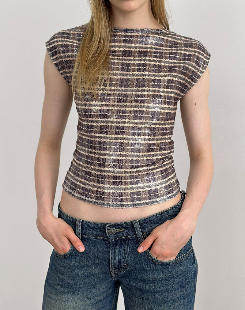 Erica Top in Pailletten Vintage Ruit Bruin