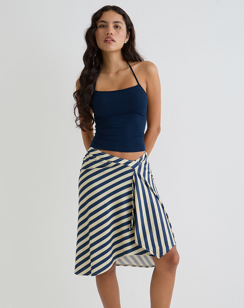 Esmeray Midi rok in crème en marine diagonaal streep