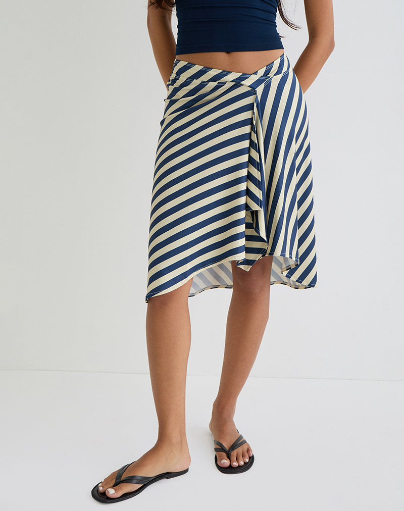 Afbeelding van Esmeray Midi rok in crème en marine diagonaal streep