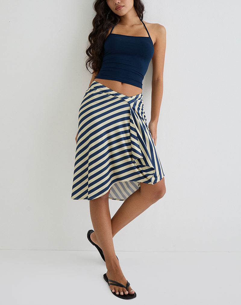 Esmeray Midi rok in crème en marine diagonaal streep