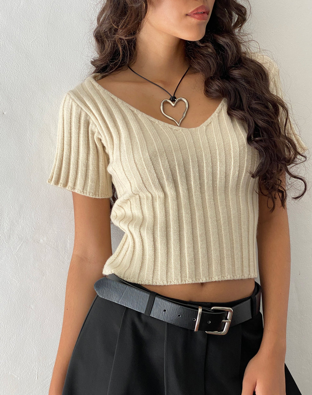 Estella gebreide top met korte mouwen in Natural Oat