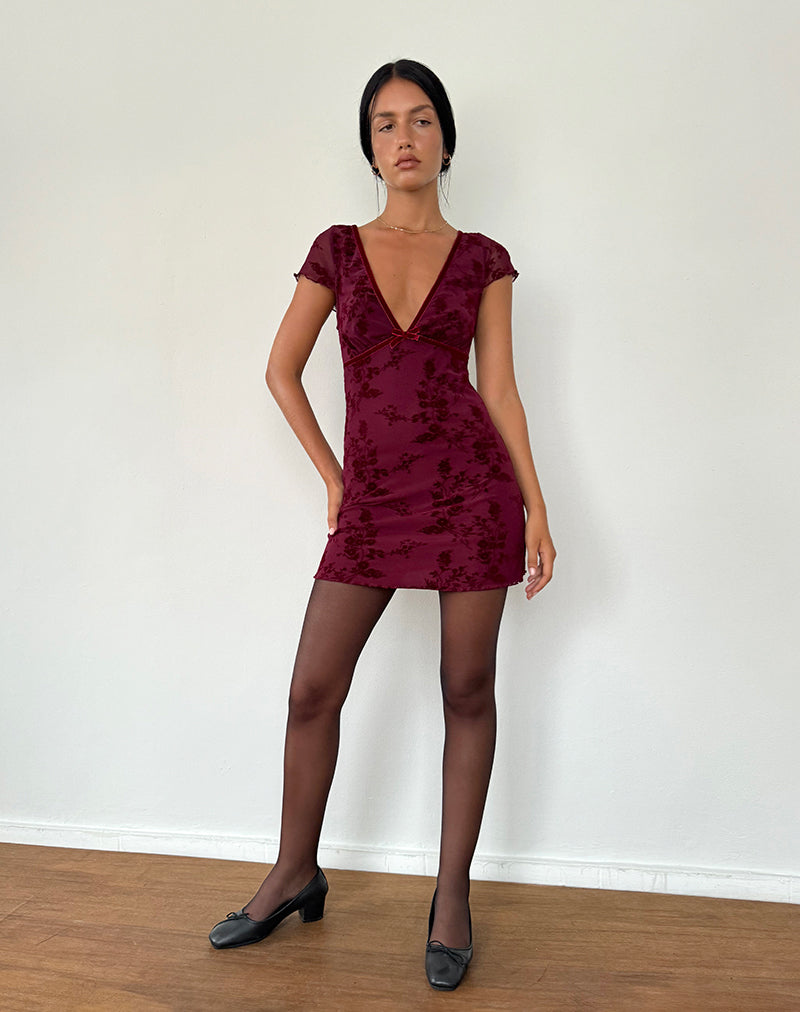 Afbeelding van Evilia Jurk in Botanische Bloem Maroon
