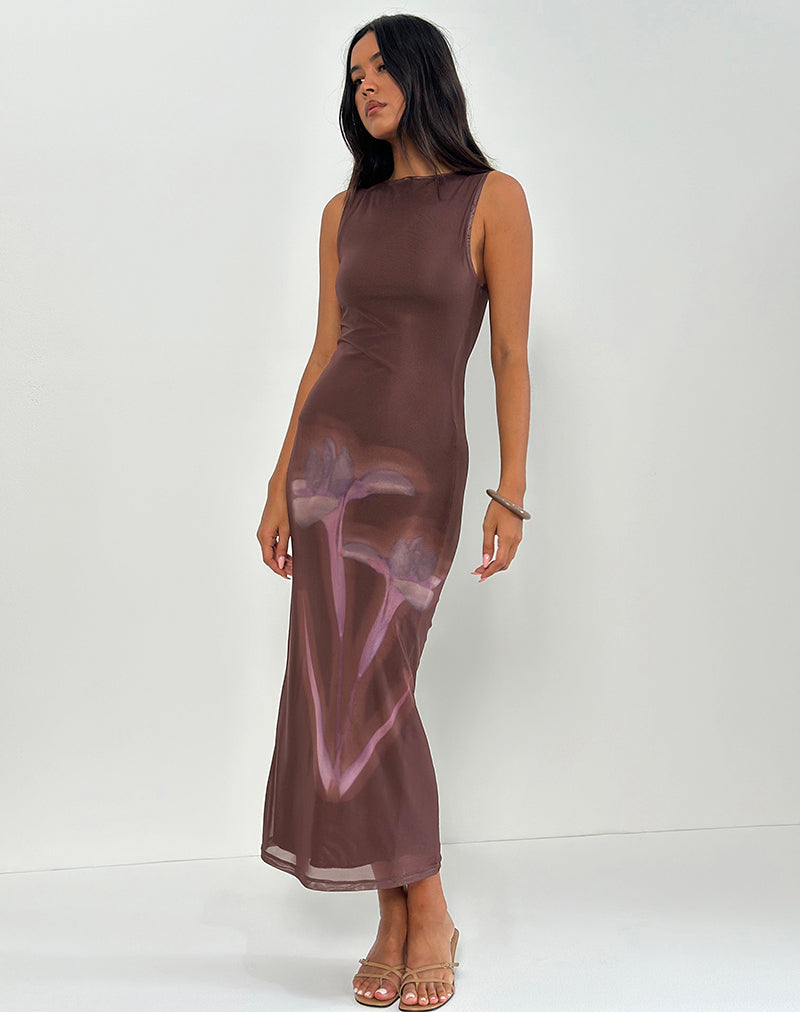 Fayola Maxi Dress in Vage Bloemenprint Bruin