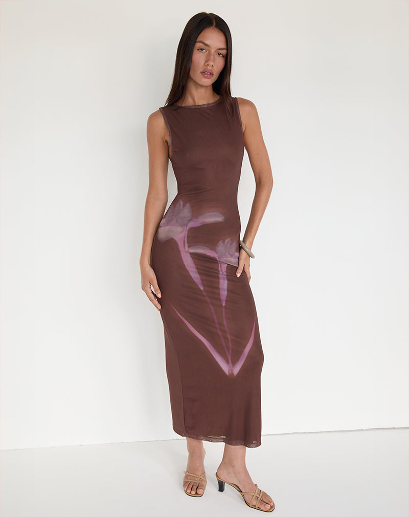 Afbeelding van Fayola Maxi Dress in Vage Bloemenprint Bruin