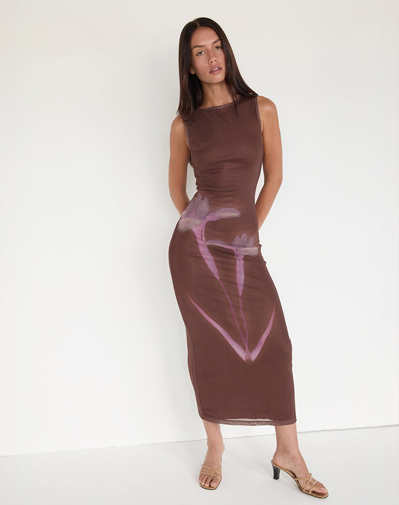 Afbeelding van Fayola Maxi Dress in Vage Bloemenprint Bruin
