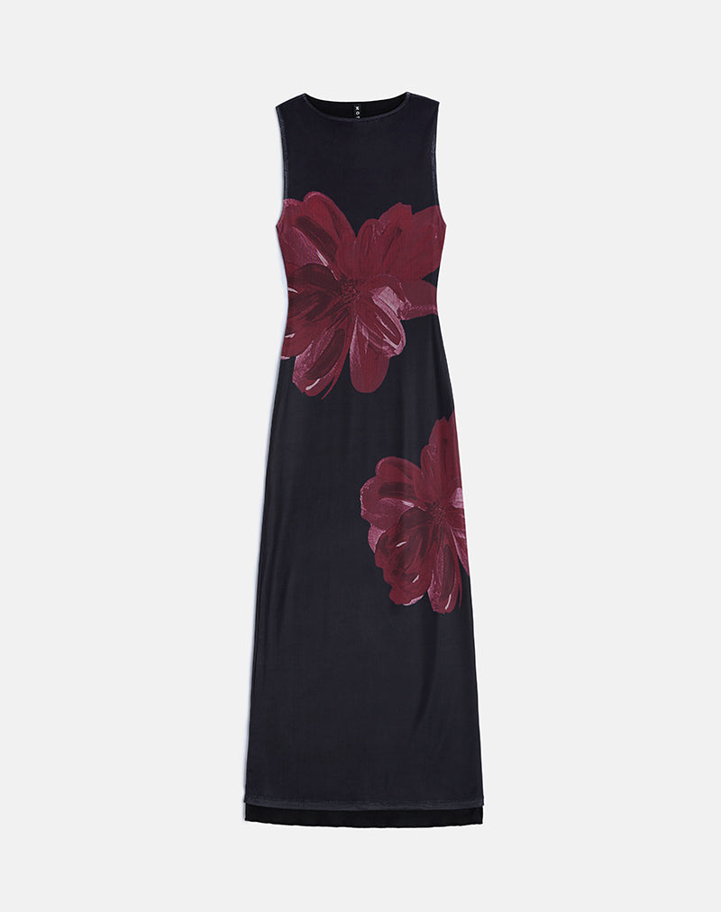 Fayola Maxi Dress In Zwart Met Bourgondische Aquarelbloem