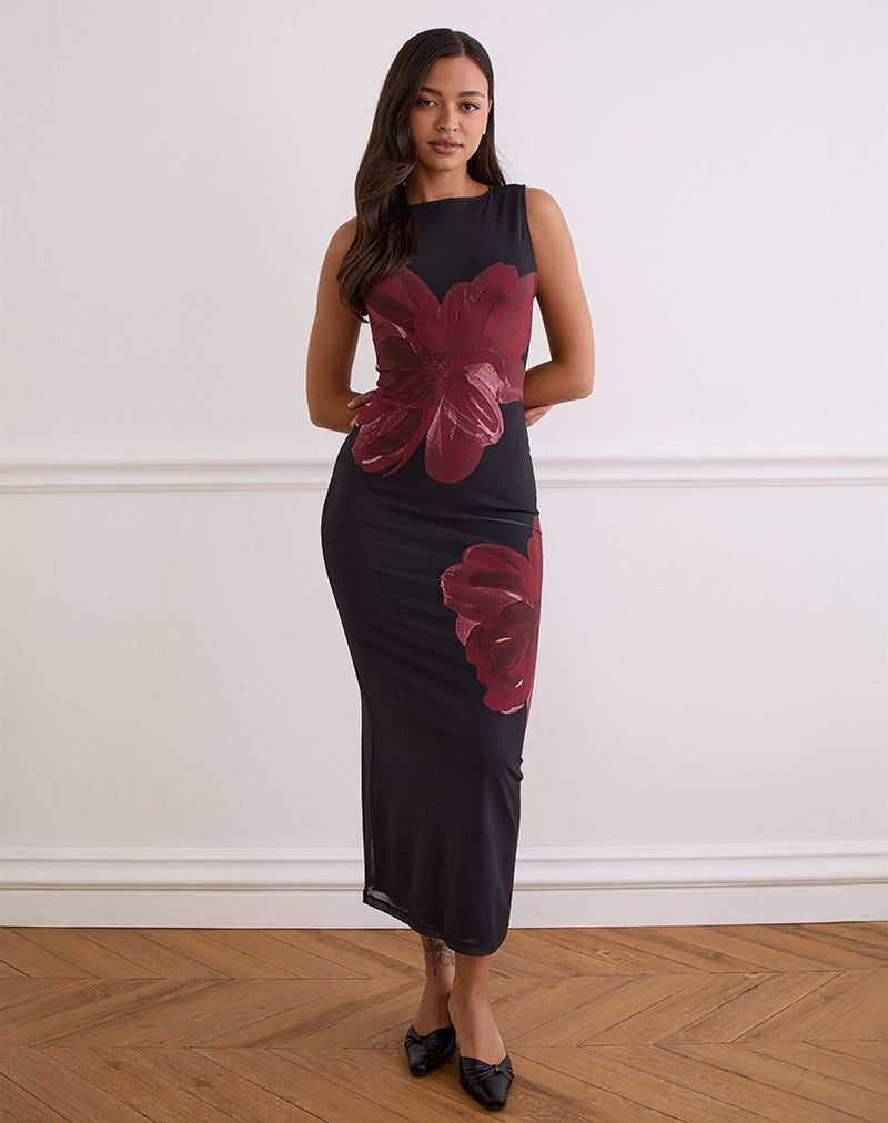 Afbeelding van Fayola Maxi Dress In Zwart Met Bourgondische Aquarelbloem