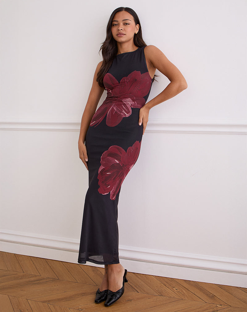 Afbeelding van Fayola Maxi Dress In Zwart Met Bourgondische Aquarelbloem