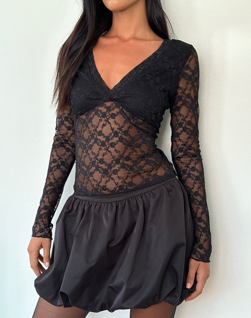 Fiore Lange Mouw Top in Zwart Canina Rose Kant