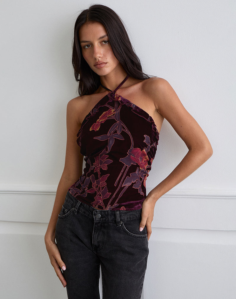 Afbeelding van Fiorella Top in Floral Devore Bourgondië