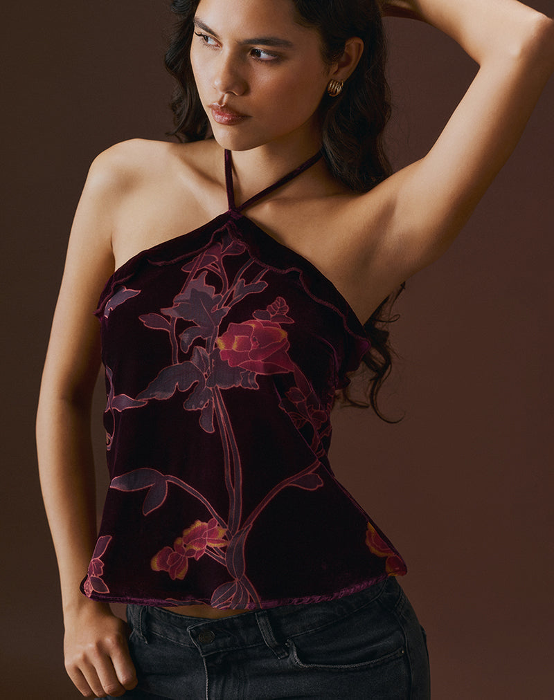 Afbeelding van Fiorella Top in Floral Devore Bourgondië
