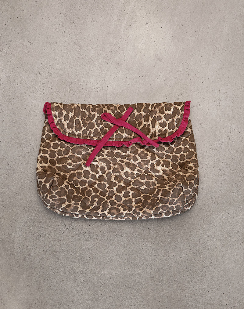 Fold Over Make-up tas in luipaard met rode franje strik