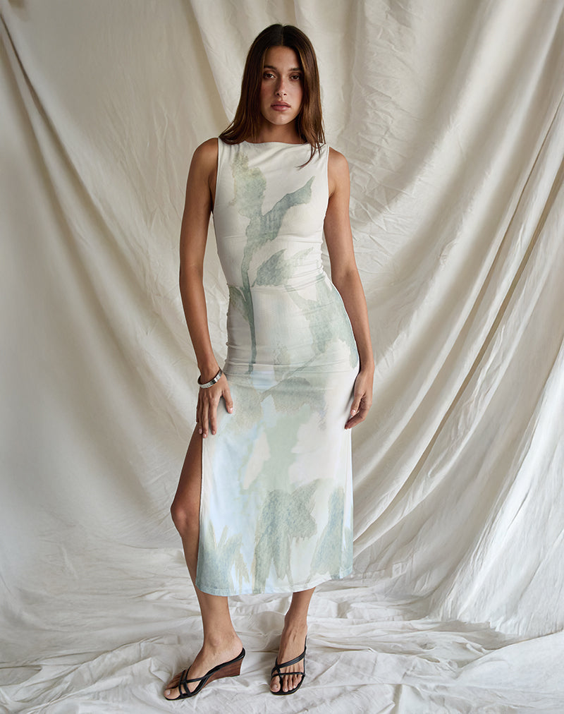Flo Midi Dress in Abstract Painted Flower Blauw