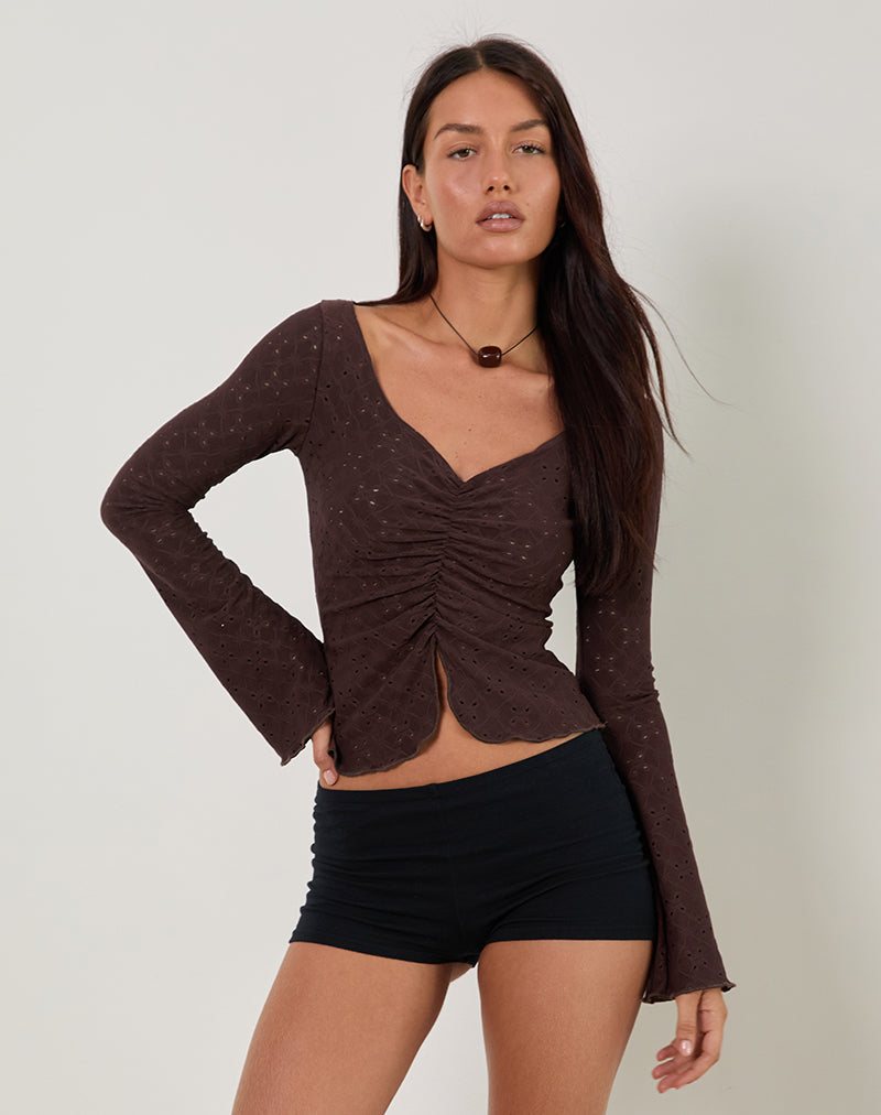 Flonne Top met Ruches in Stretch Broderie Bruin