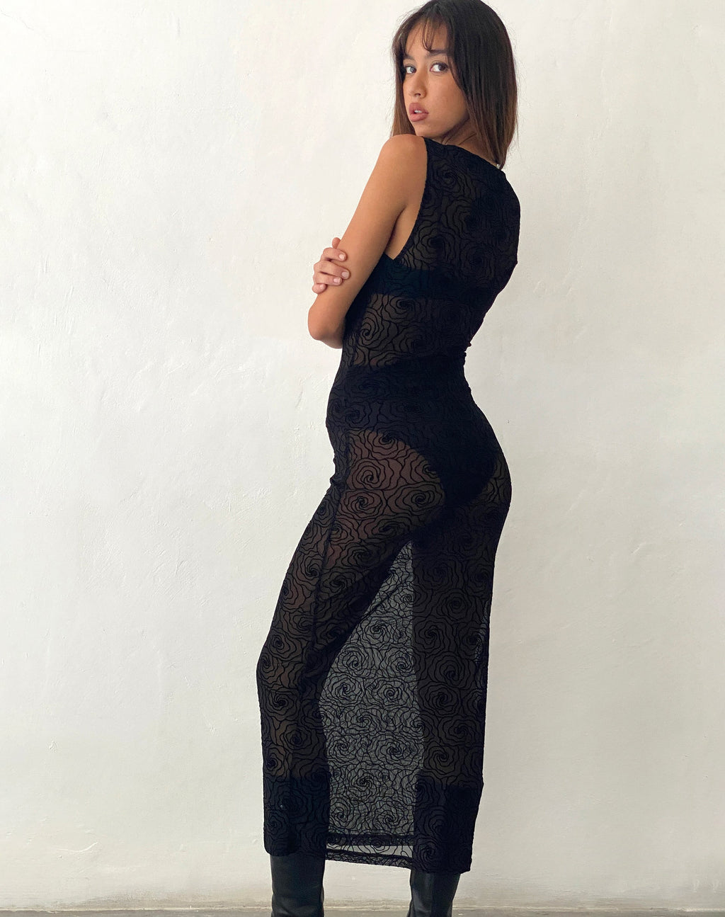 Florian Ongevoerde Midi Dress in Zwart Abstract Bloemenvlok